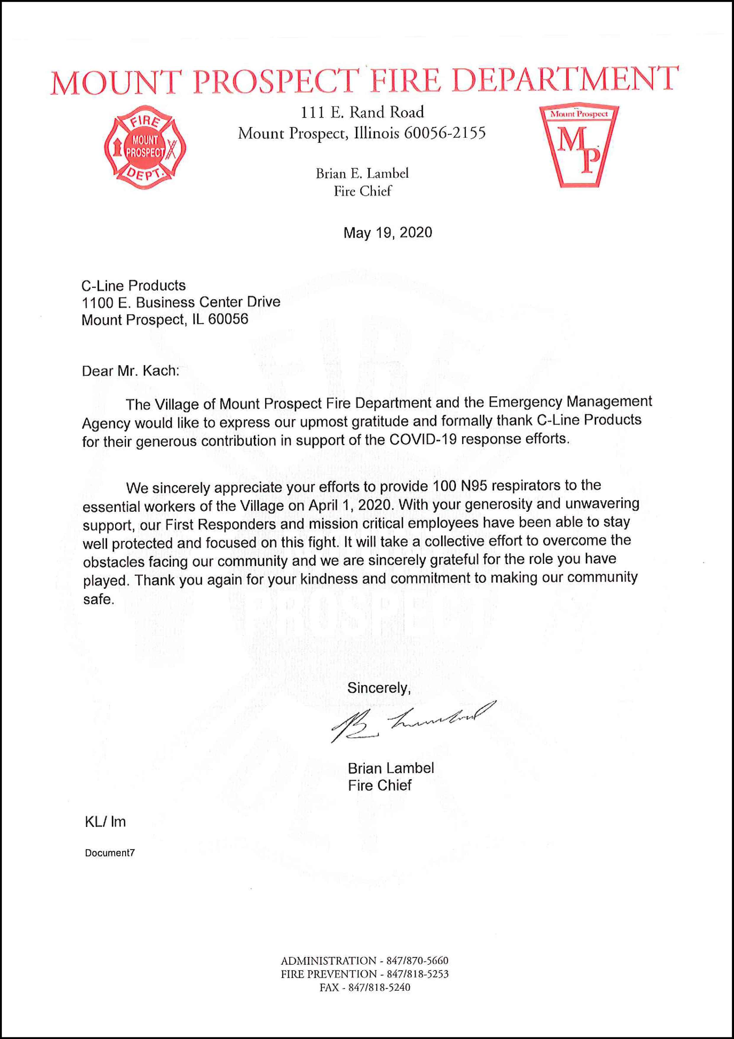 Mount Prospect Fire Department Letter